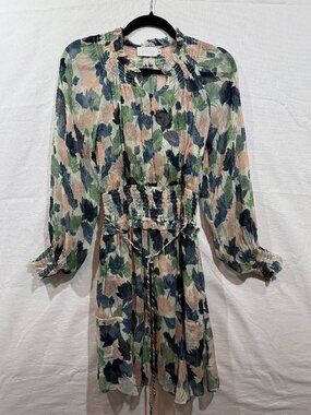 Christy Lynn Dress Womens XS Long Sleeve Floral Pink Green Blue Sheer Belted
